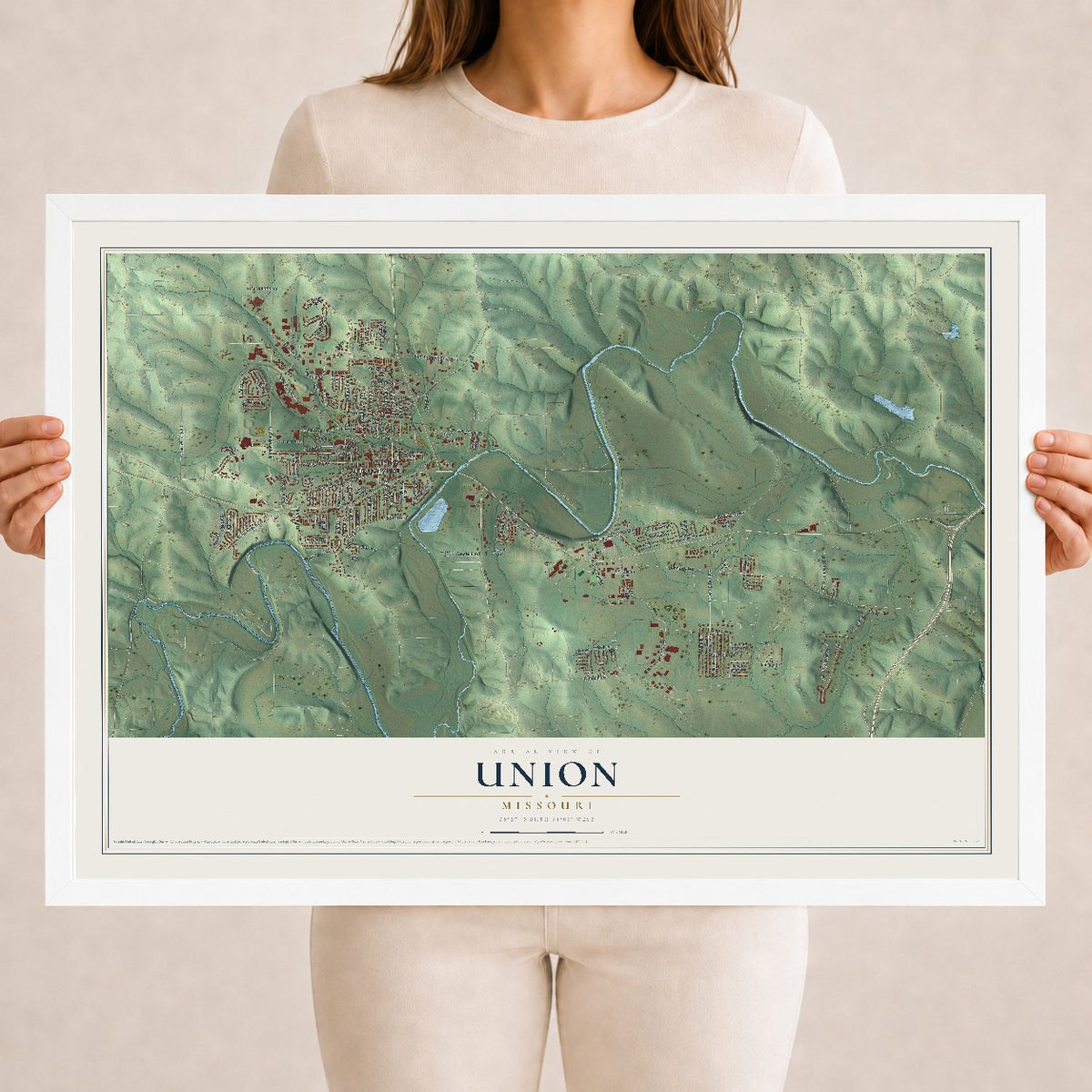 Map of Union, Missouri, 18 x 24 inch print in a white wood frame