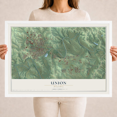 Map of Union, Missouri, 18 x 24 inch print in a white wood frame