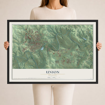 Map of Union, Missouri, 24 x 36 inch print in a black wood frame