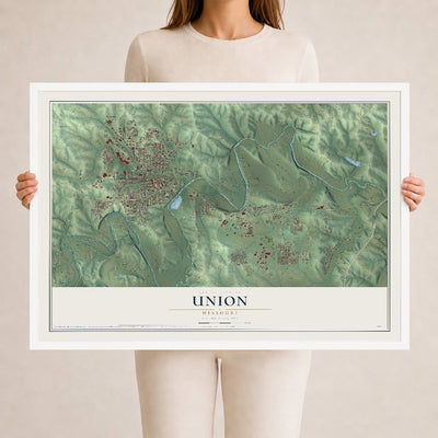 Map of Union, Missouri, 24 x 36 inch print in a white wood frame