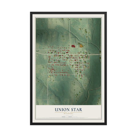 Map of Union Star, Missouri, 12 x 18 inch print in a black wood frame