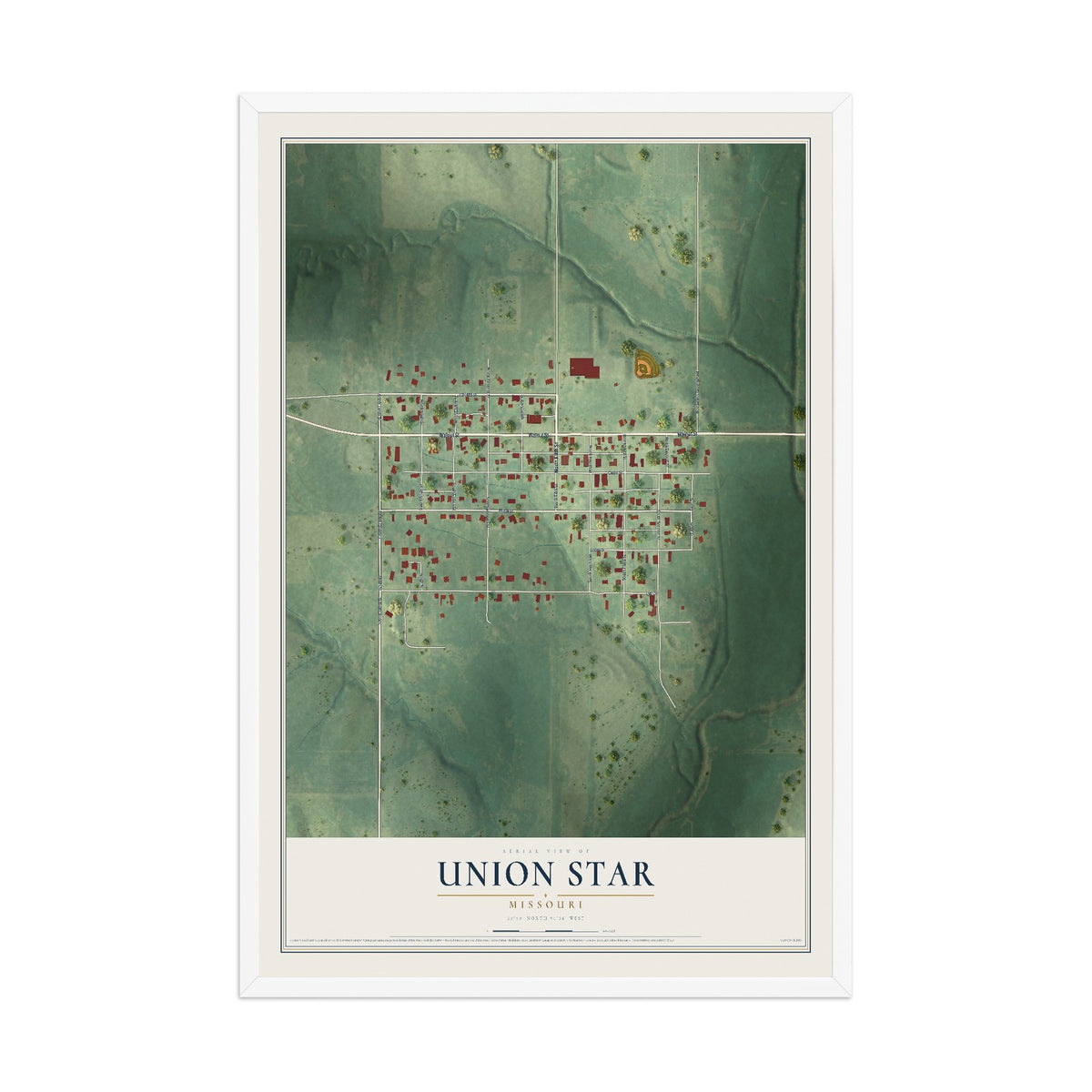 Map of Union Star, Missouri, 12 x 18 inch print in a white wood frame
