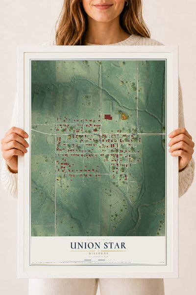 Map of Union Star, Missouri, 18 x 24 inch print in a white wood frame