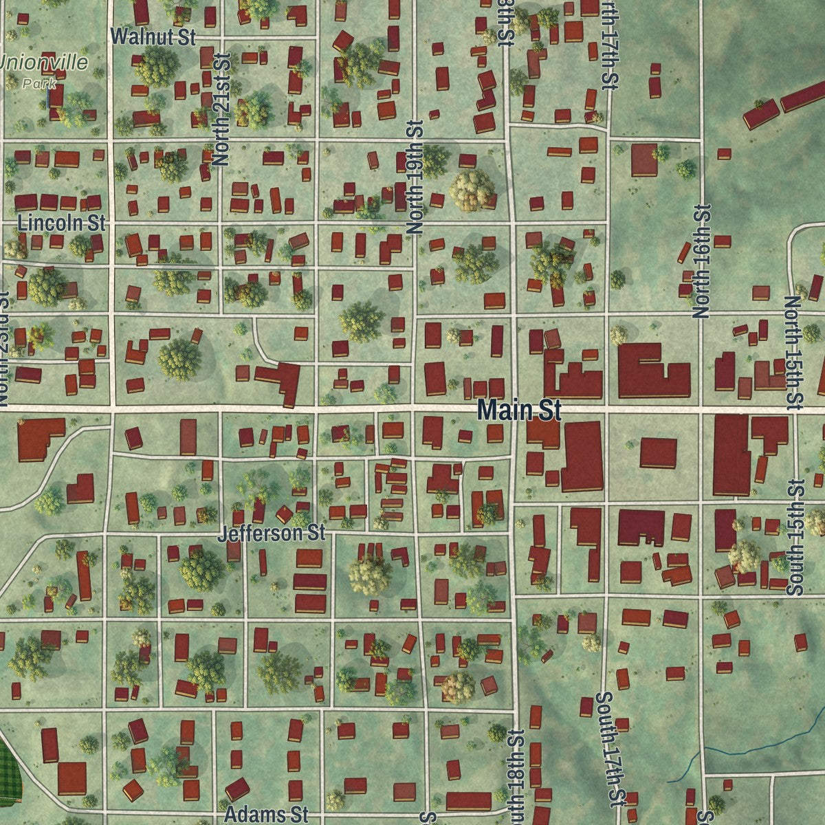 Close-up of the map of Unionville, Missouri print showing street and building detail