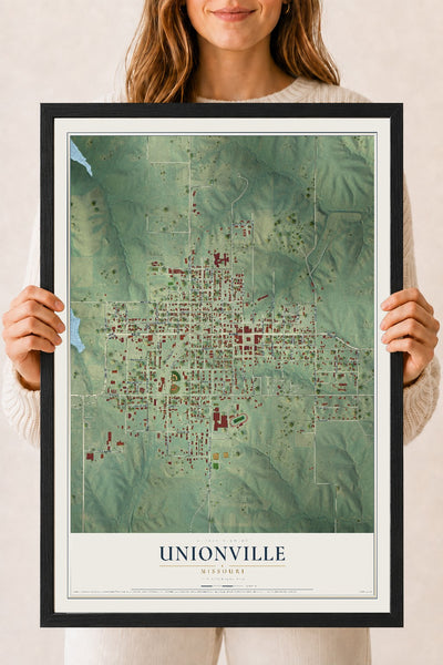 Map of Unionville, Missouri, 18 x 24 inch print in a black wood frame