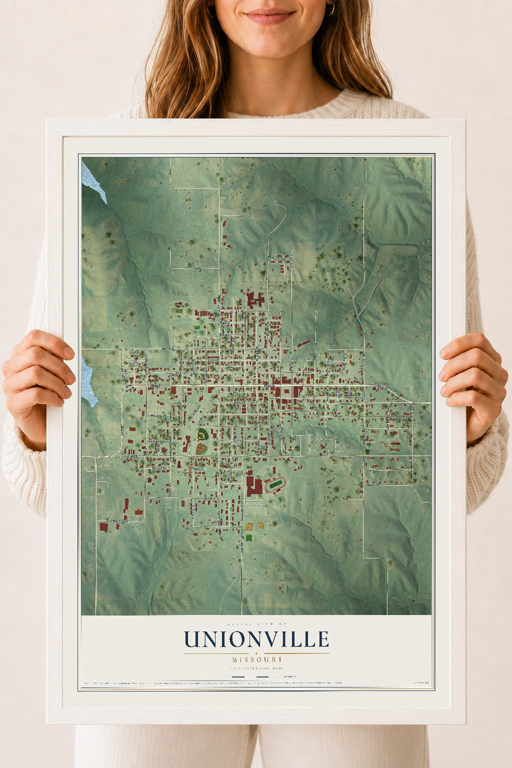 Map of Unionville, Missouri, 18 x 24 inch print in a white wood frame