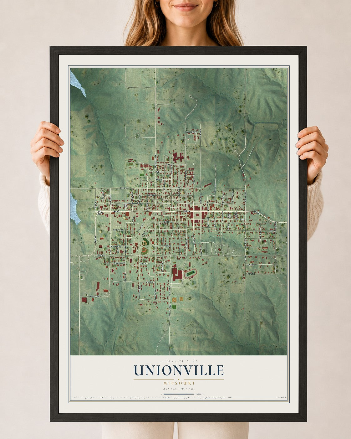 Map of Unionville, Missouri, 24 x 36 inch print in a black wood frame