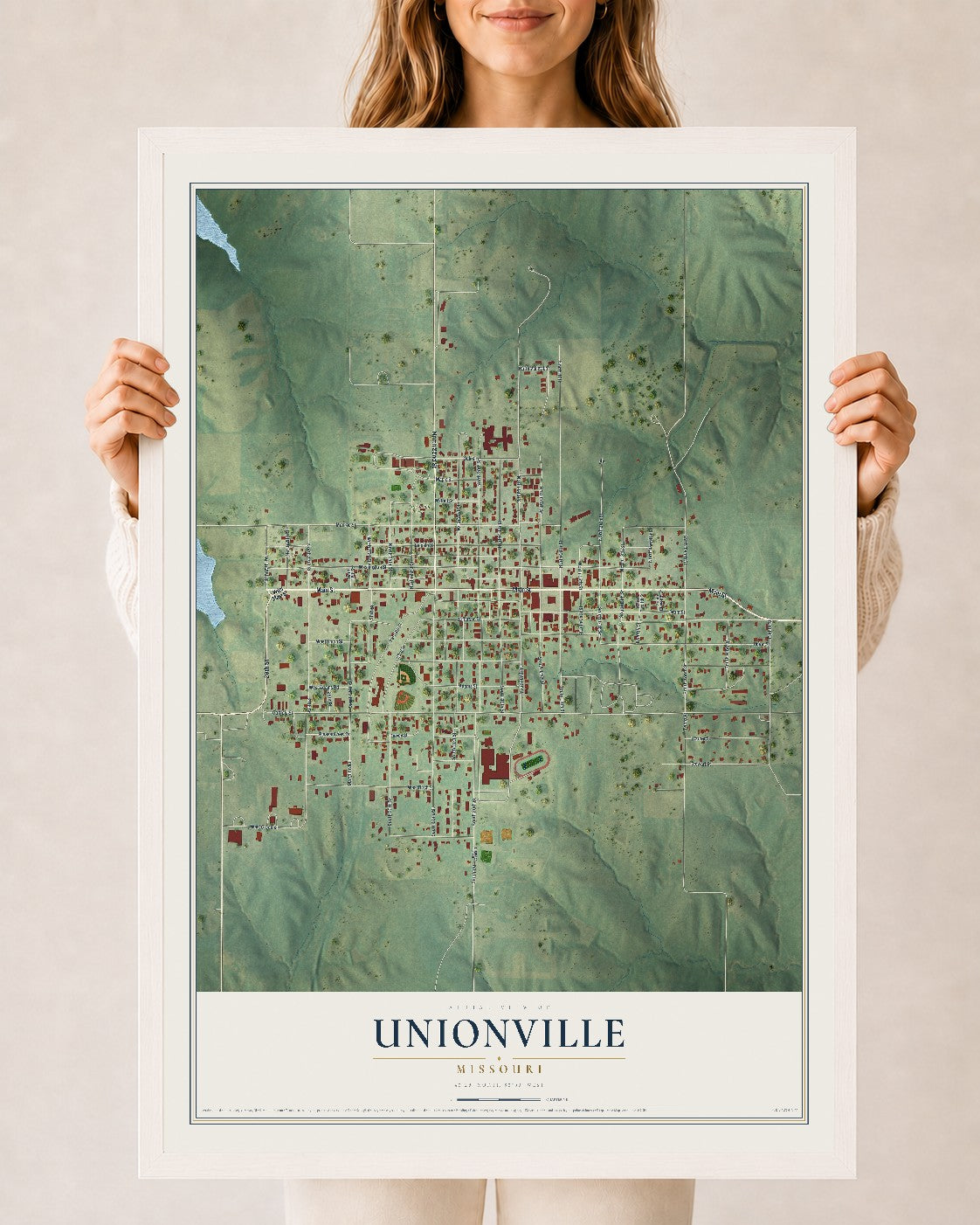 Map of Unionville, Missouri, 24 x 36 inch print in a white wood frame