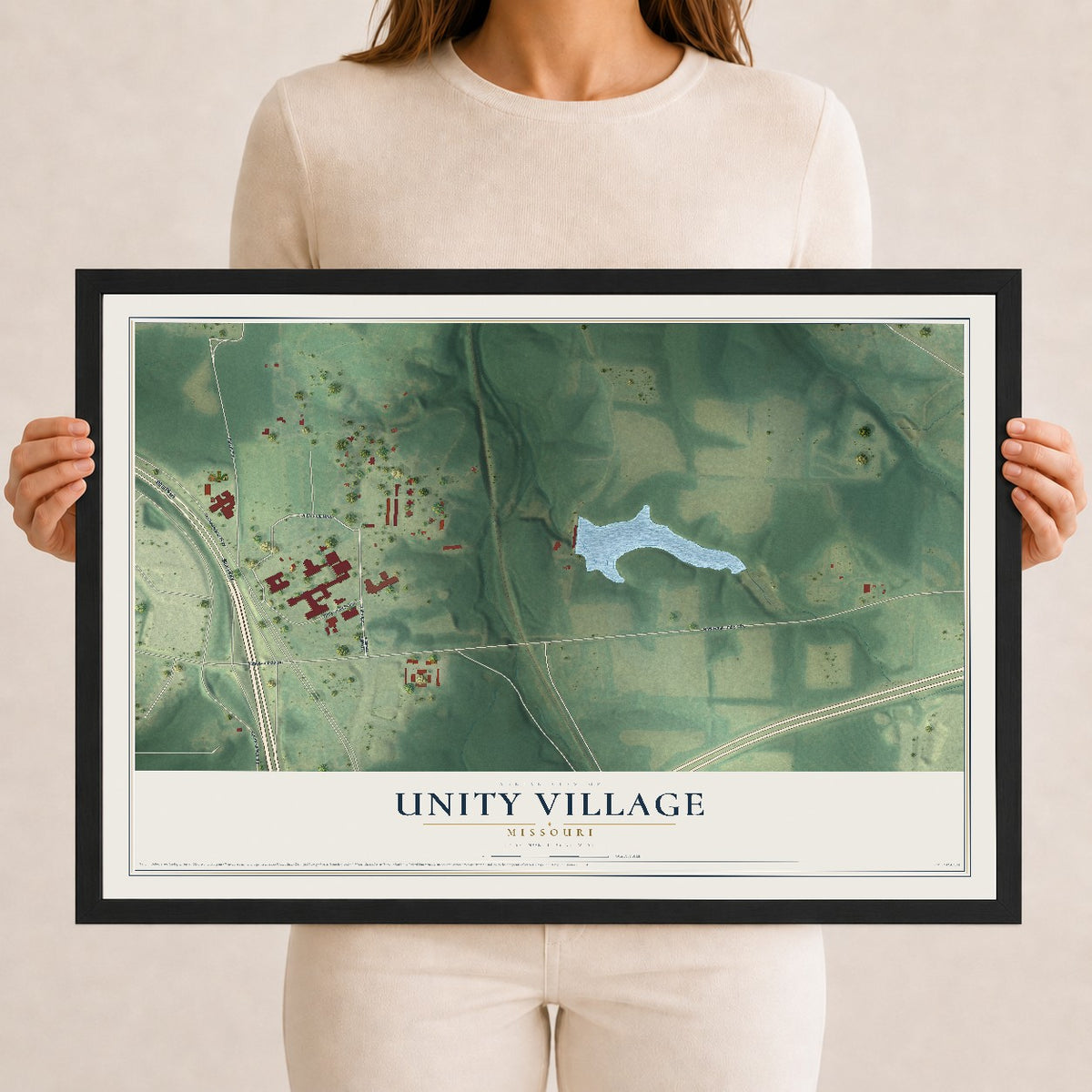 Map of Unity Village, Missouri, 12 x 18 inch print in a black wood frame