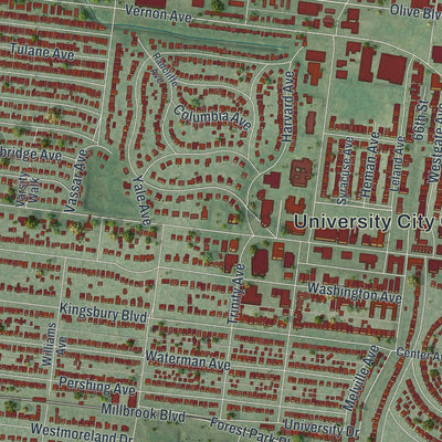 Close-up of the map of University City, Missouri print showing street and building detail