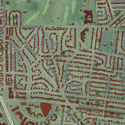 Second close-up of the map of University City, Missouri print showing more streets and buildings