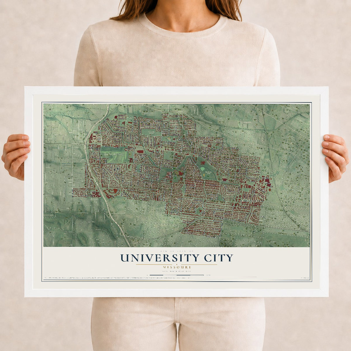 Map of University City, Missouri, 12 x 18 inch print in a white wood frame
