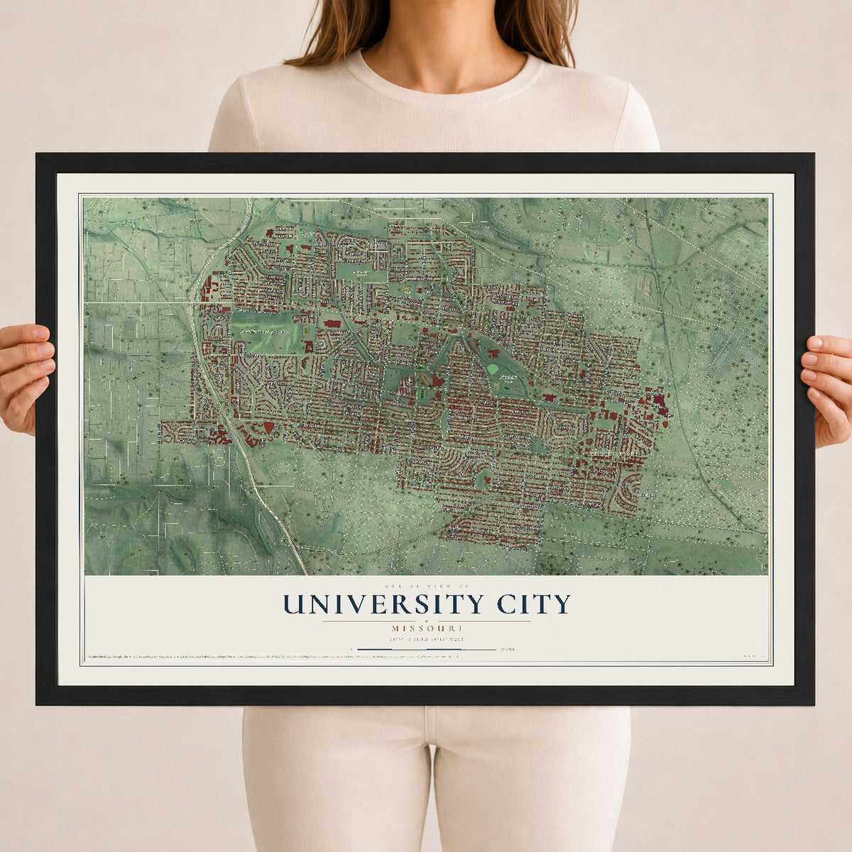 Map of University City, Missouri, 18 x 24 inch print in a black wood frame