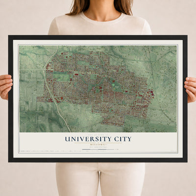 Map of University City, Missouri, 18 x 24 inch print in a black wood frame