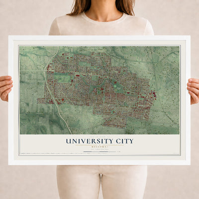 Map of University City, Missouri, 18 x 24 inch print in a white wood frame