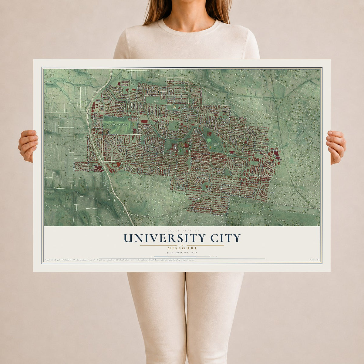 Map of University City, Missouri, 24 x 36 inch unframed archival matte print