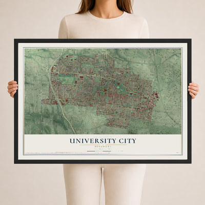 Map of University City, Missouri, 24 x 36 inch print in a black wood frame