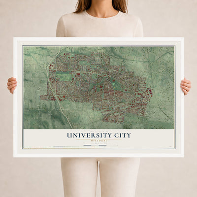 Map of University City, Missouri, 24 x 36 inch print in a white wood frame