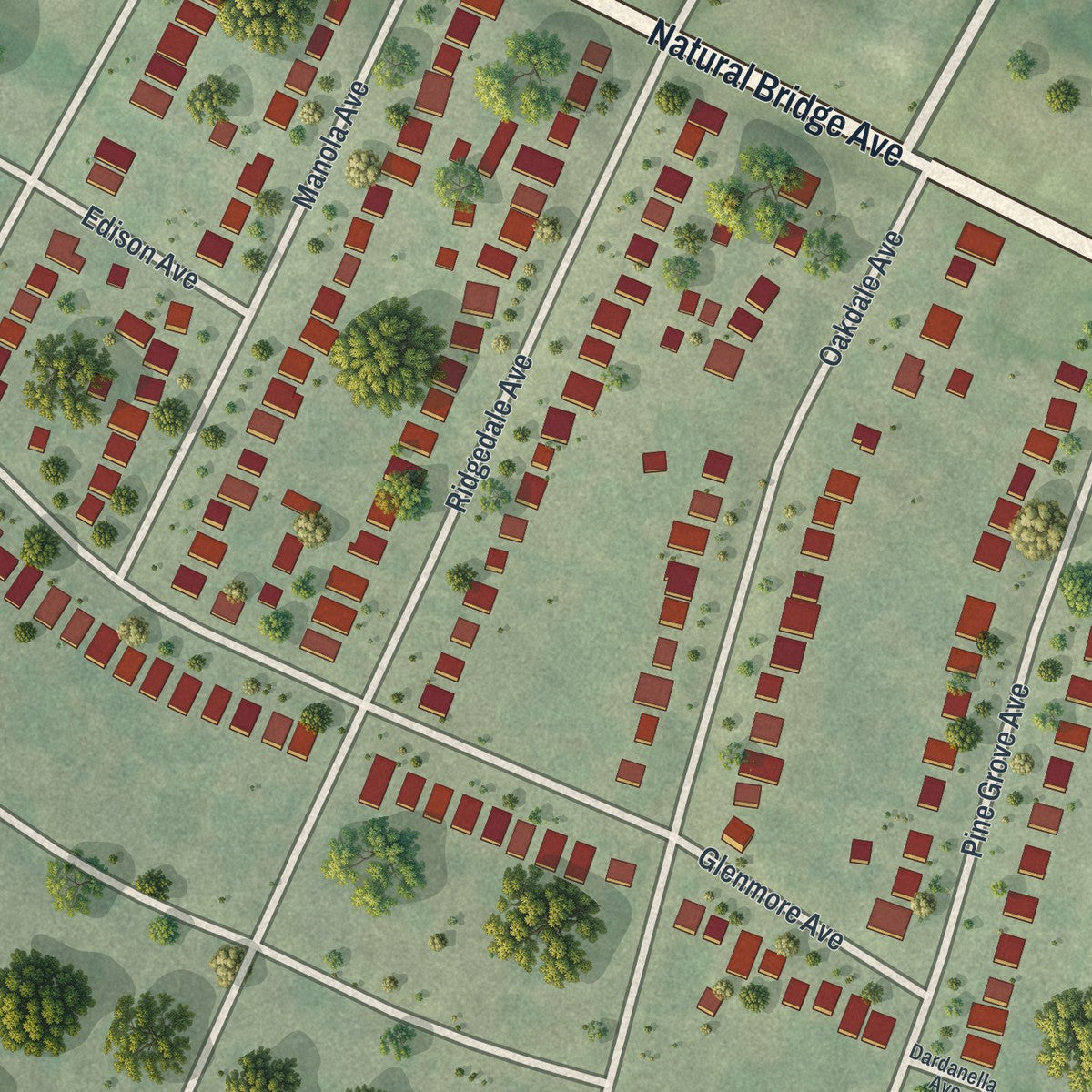 Close-up of the map of Uplands Park, Missouri print showing street and building detail