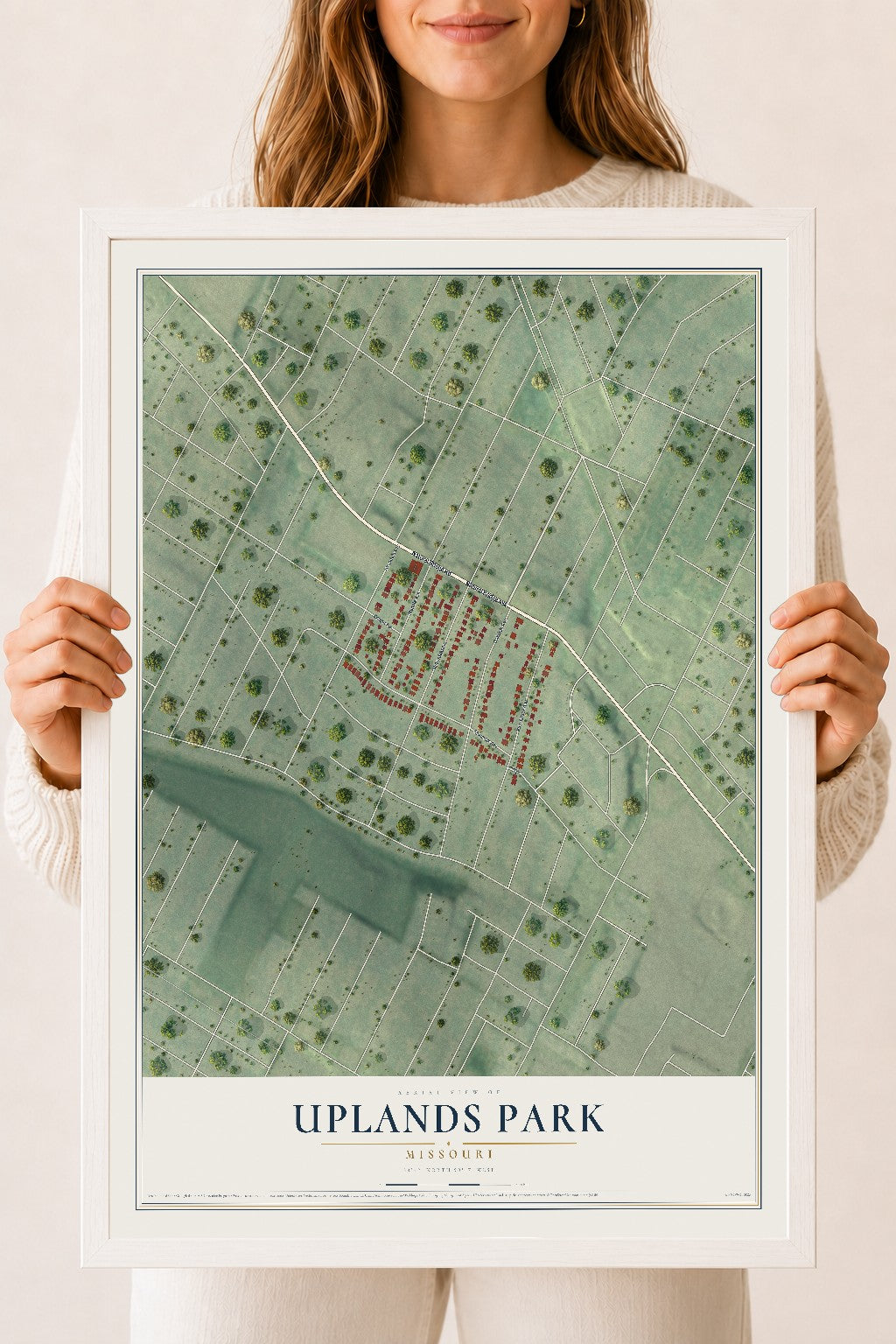 Map of Uplands Park, Missouri, 18 x 24 inch print in a white wood frame