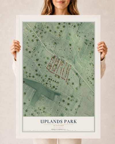Map of Uplands Park, Missouri, 24 x 36 inch print in a white wood frame