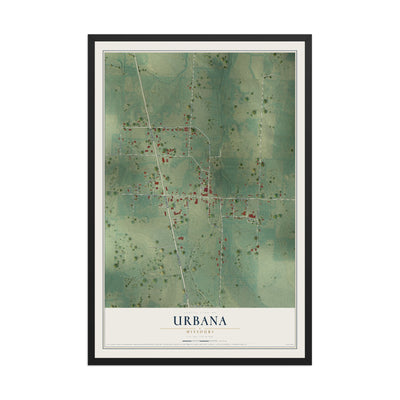 Map of Urbana, Missouri, 12 x 18 inch print in a black wood frame