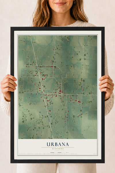 Map of Urbana, Missouri, 18 x 24 inch print in a black wood frame