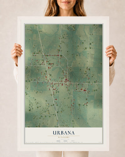 Map of Urbana, Missouri, 24 x 36 inch print in a white wood frame