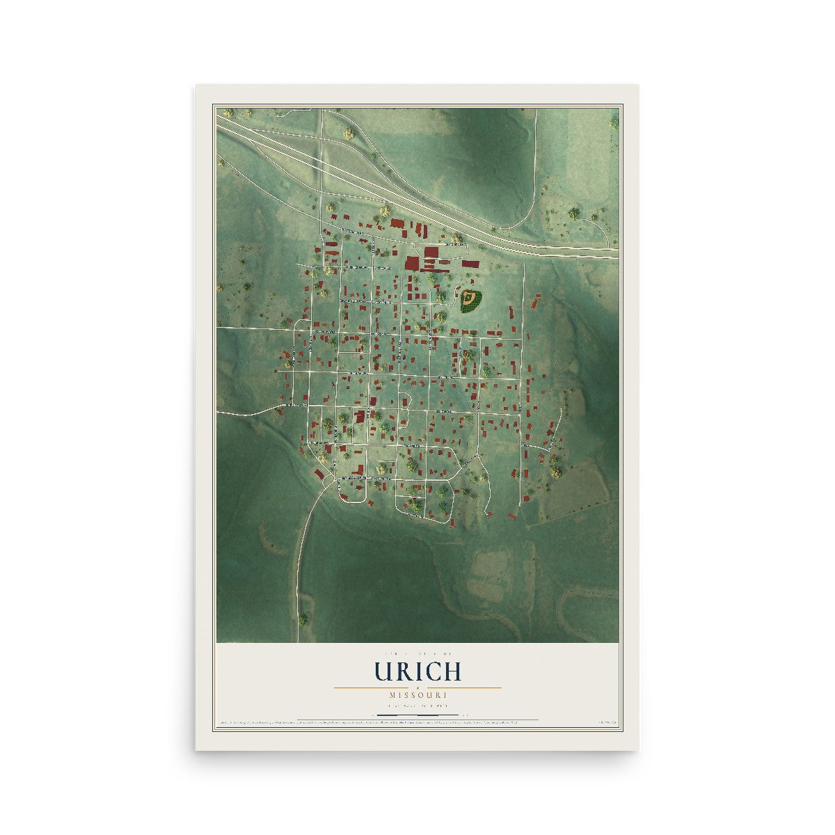 Map of Urich, Missouri, 12 x 18 inch unframed archival matte print