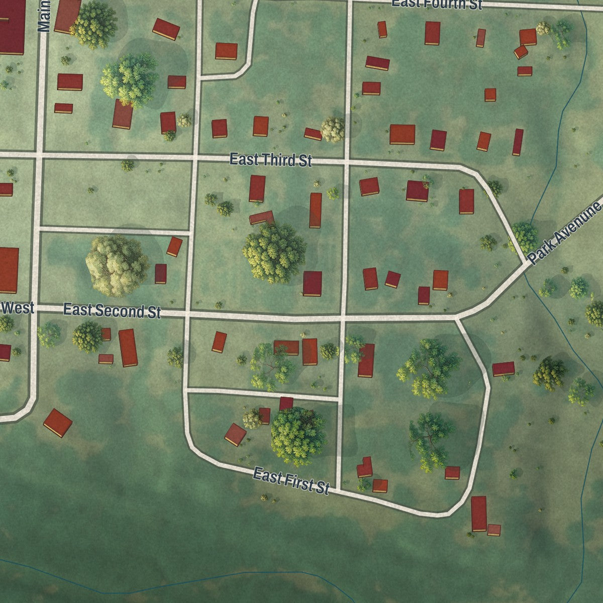 Second close-up of the map of Urich, Missouri print showing more streets and buildings