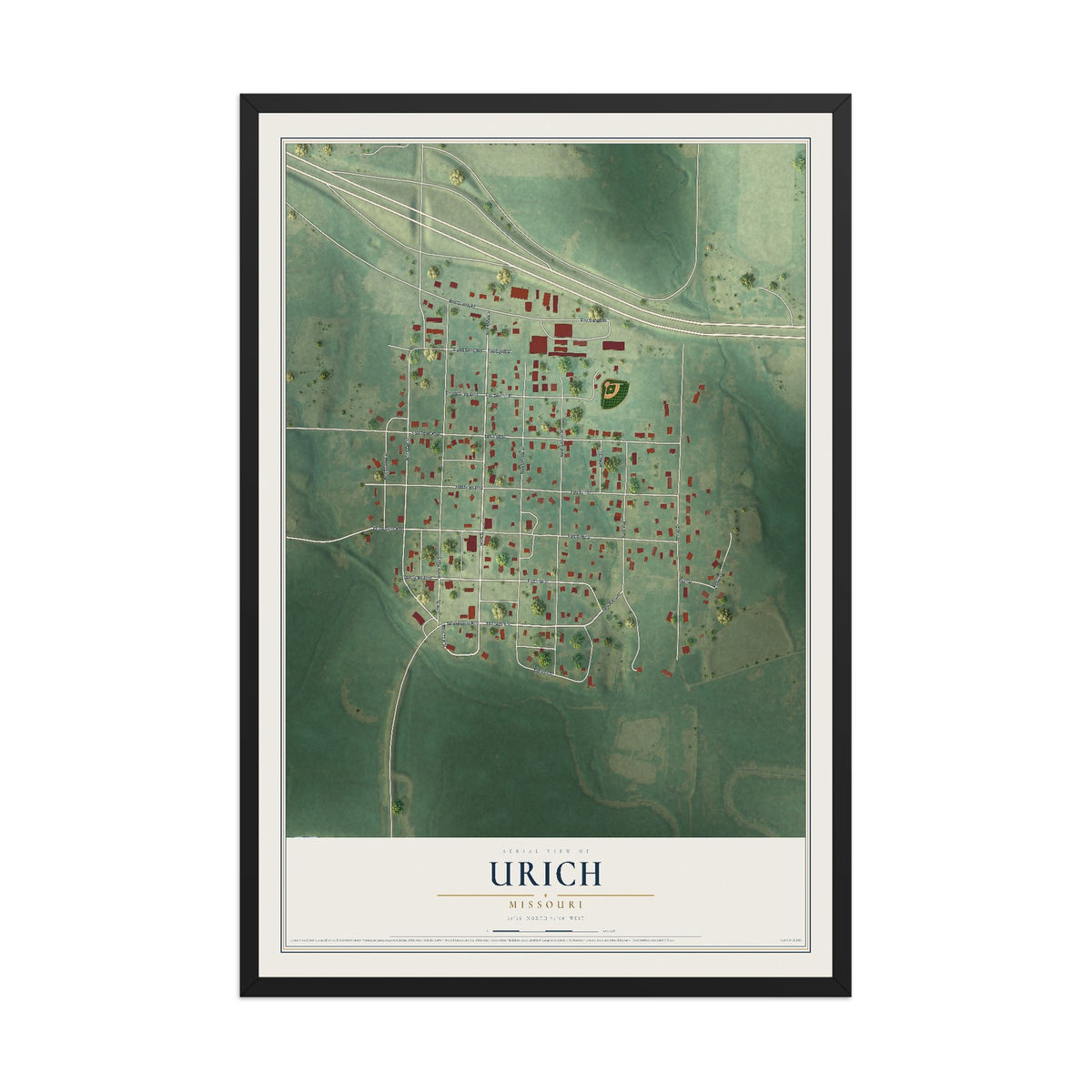 Map of Urich, Missouri, 12 x 18 inch print in a black wood frame