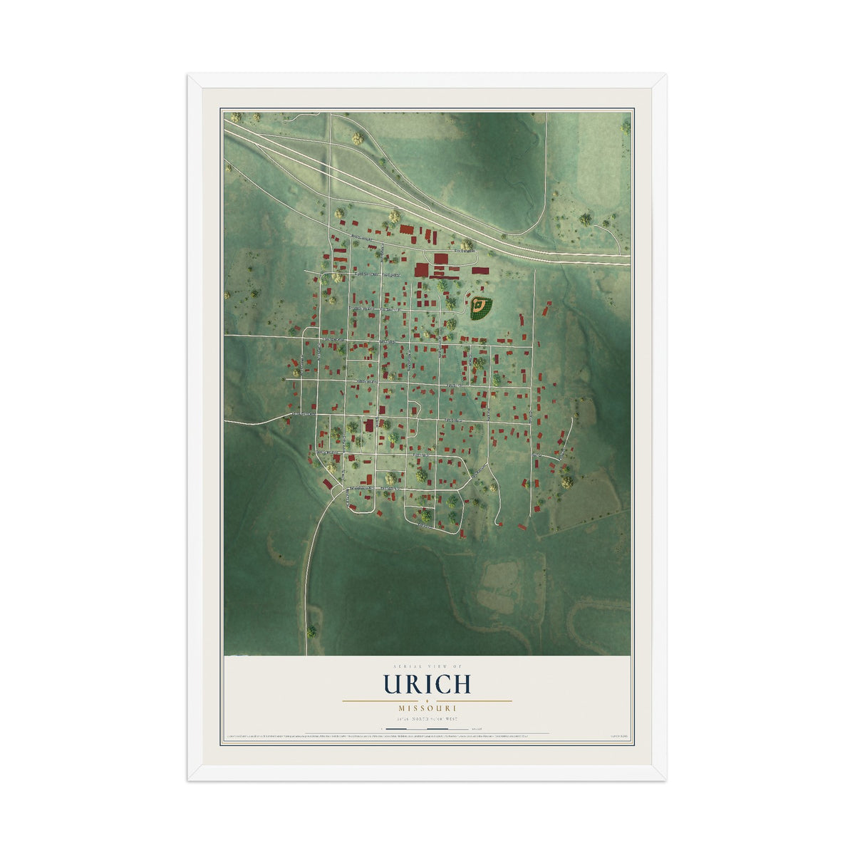 Map of Urich, Missouri, 12 x 18 inch print in a white wood frame