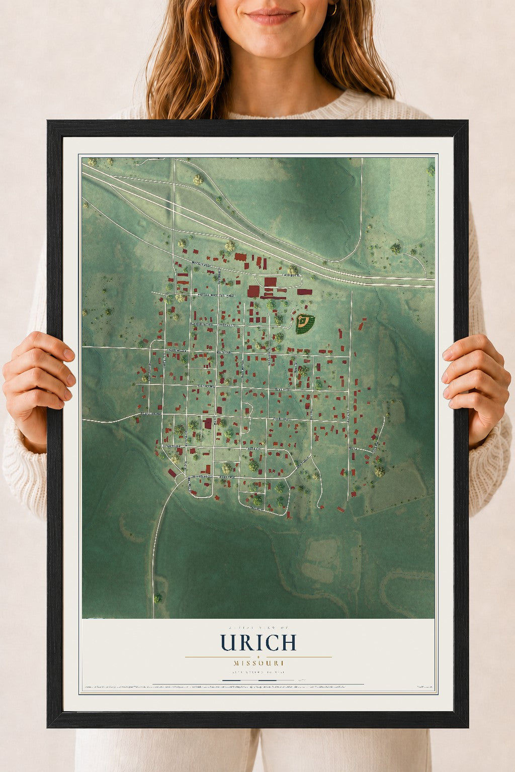 Map of Urich, Missouri, 18 x 24 inch print in a black wood frame