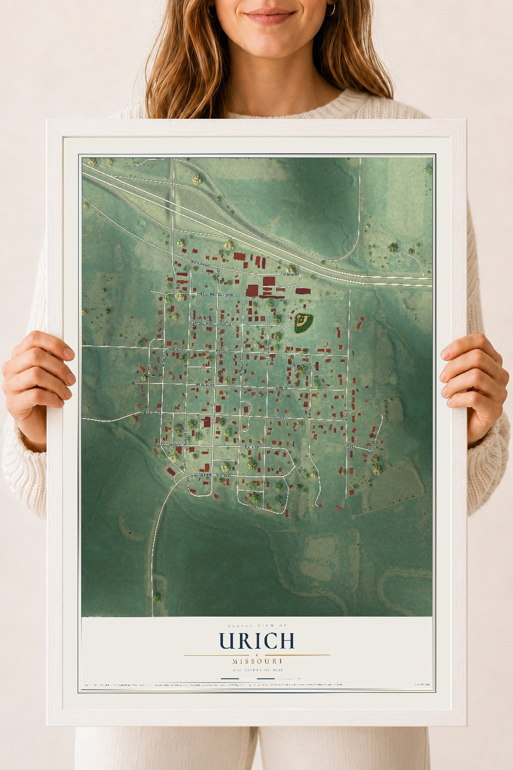 Map of Urich, Missouri, 18 x 24 inch print in a white wood frame