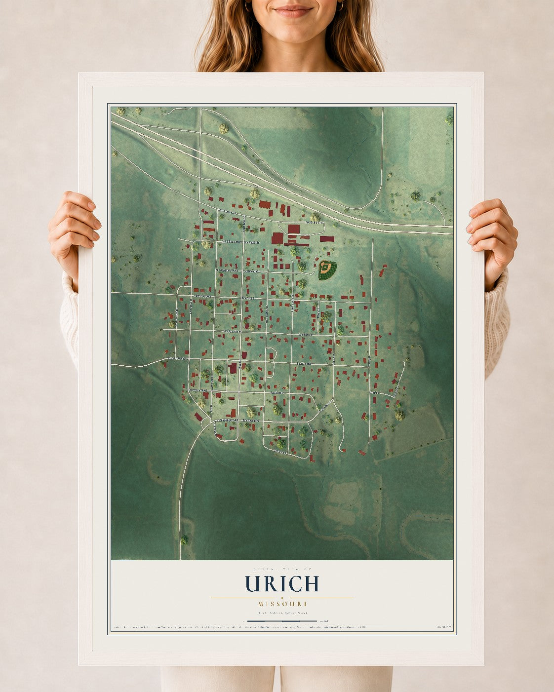Map of Urich, Missouri, 24 x 36 inch print in a white wood frame
