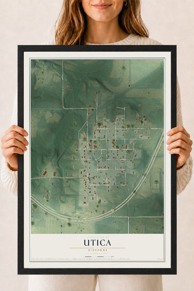Map of Utica, Missouri, 18 x 24 inch print in a black wood frame
