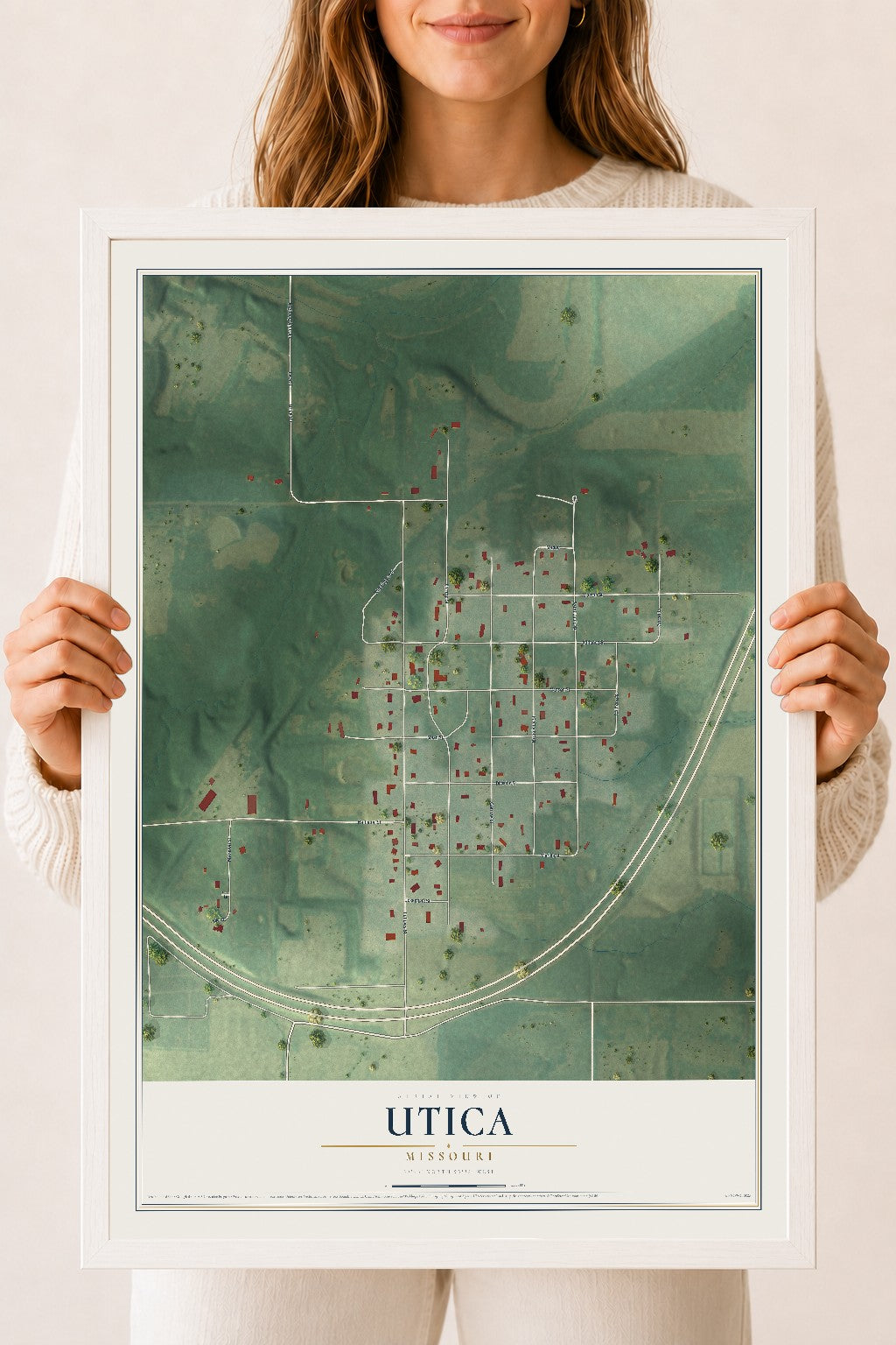 Map of Utica, Missouri, 18 x 24 inch print in a white wood frame