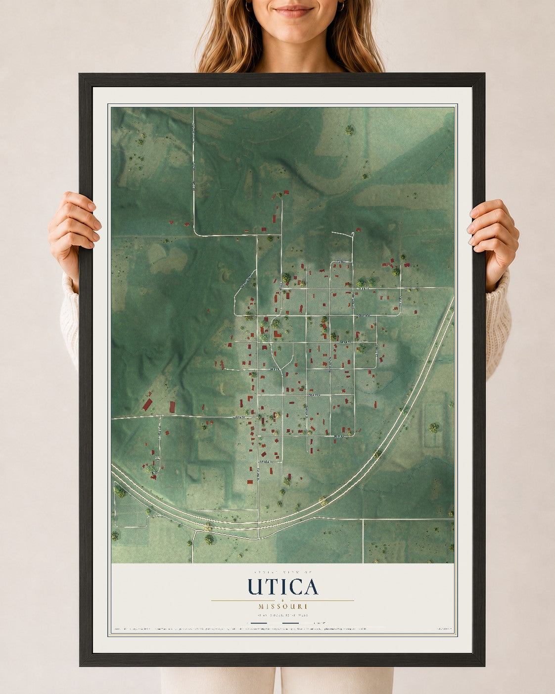 Map of Utica, Missouri, 24 x 36 inch print in a black wood frame