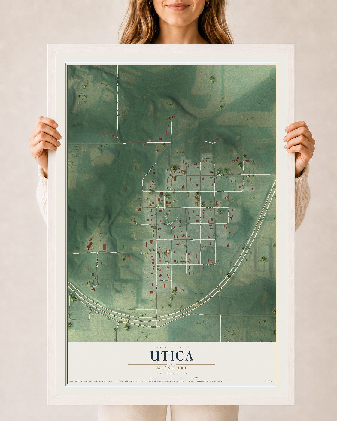 Map of Utica, Missouri, 24 x 36 inch print in a white wood frame
