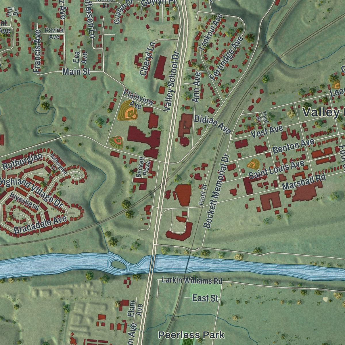Close-up of the map of Valley Park, Missouri print showing street and building detail