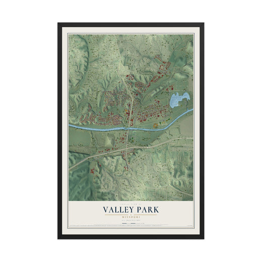 Map of Valley Park, Missouri, 12 x 18 inch print in a black wood frame