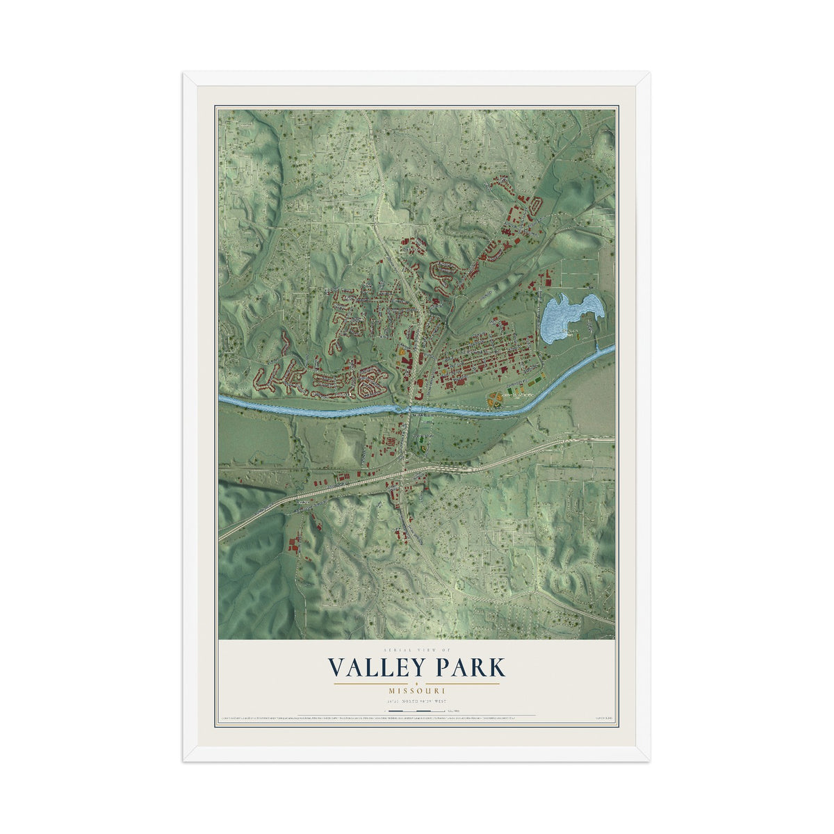 Map of Valley Park, Missouri, 12 x 18 inch print in a white wood frame