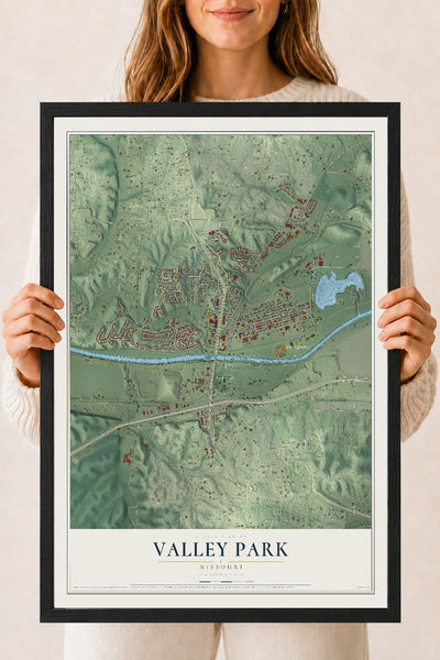Map of Valley Park, Missouri, 18 x 24 inch print in a black wood frame