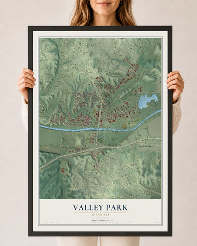 Map of Valley Park, Missouri, 24 x 36 inch print in a black wood frame