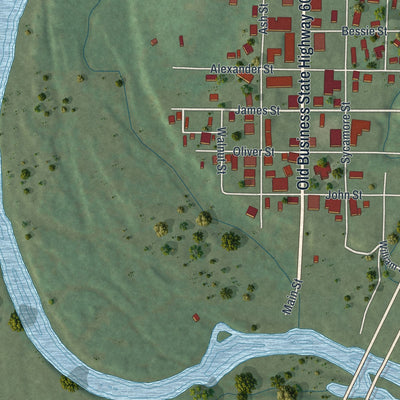 Second close-up of the map of Van Buren, Missouri print showing more streets and buildings