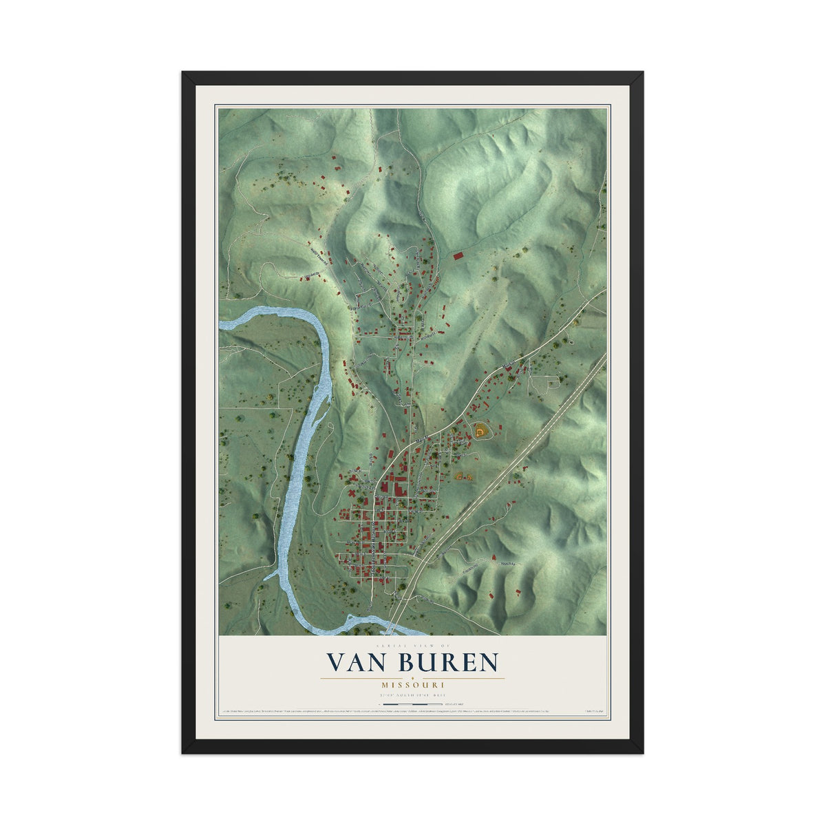 Map of Van Buren, Missouri, 12 x 18 inch print in a black wood frame