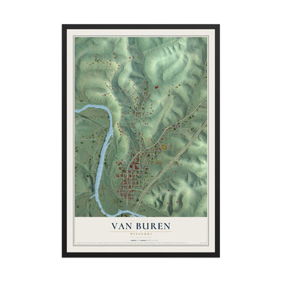 Map of Van Buren, Missouri, 12 x 18 inch print in a black wood frame