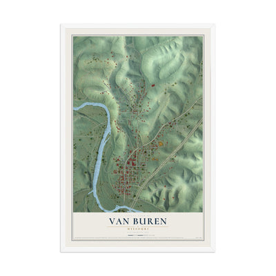Map of Van Buren, Missouri, 12 x 18 inch print in a white wood frame