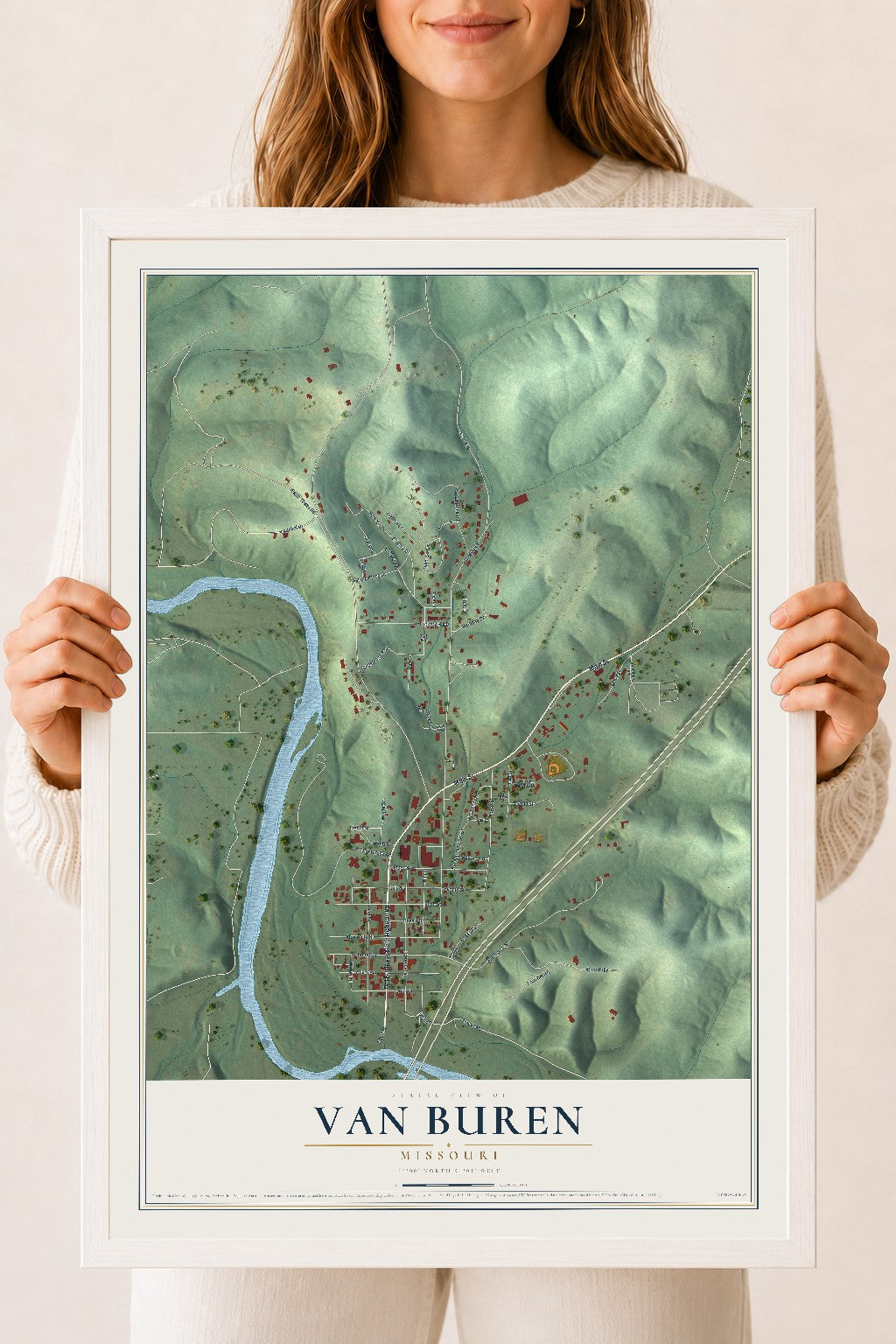 Map of Van Buren, Missouri, 18 x 24 inch print in a white wood frame