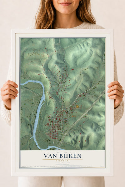 Map of Van Buren, Missouri, 18 x 24 inch print in a white wood frame